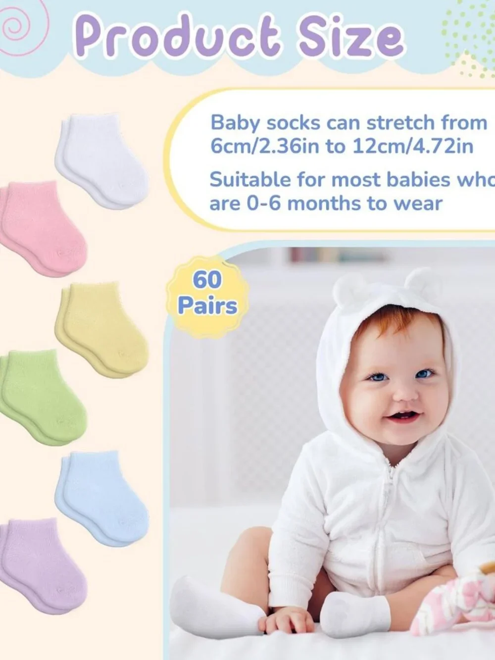 60 Pairs Unisex Cotton Newborn Baby Socks - Soft Infant Anklets, Bulk Set